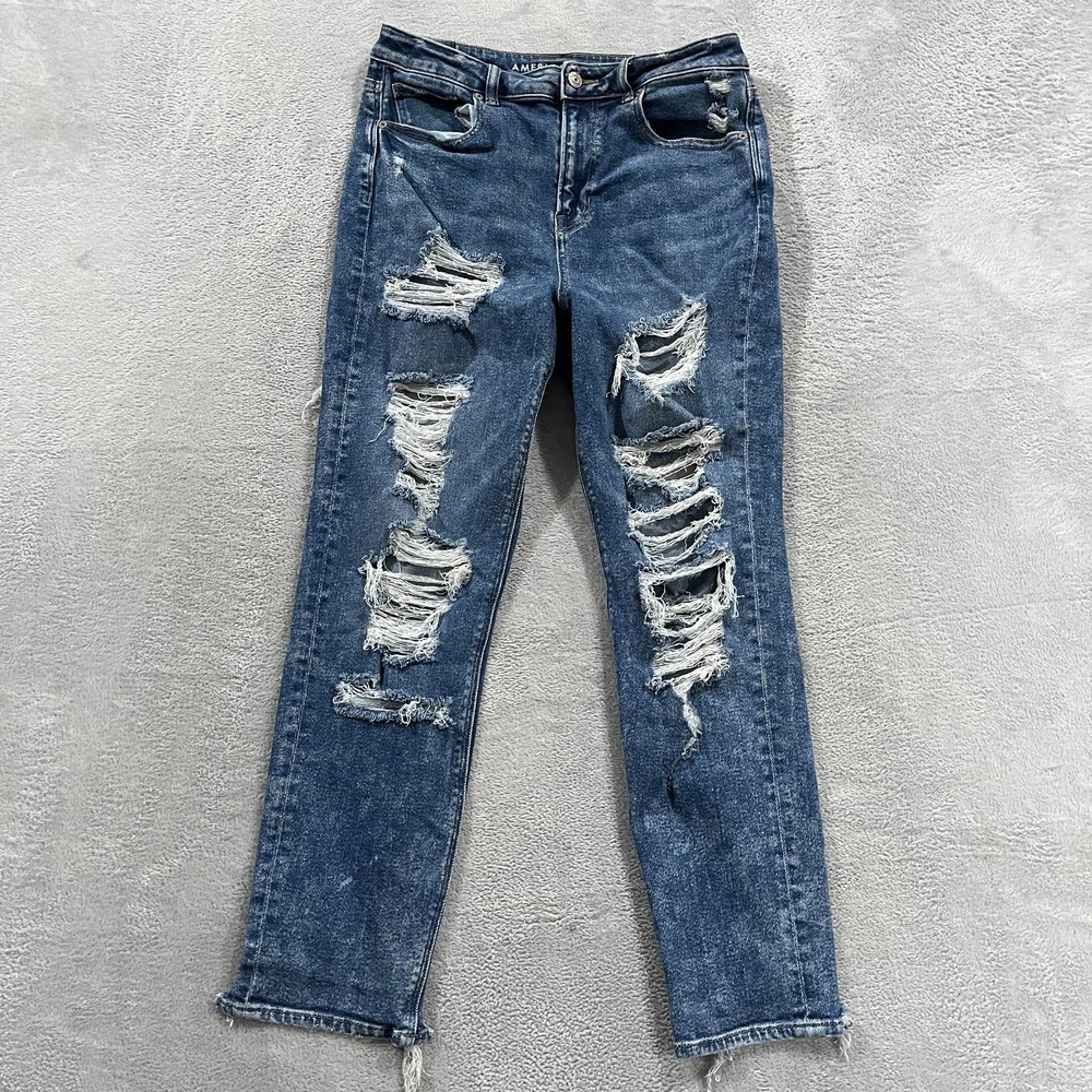 American Eagle Jeans Womens 8 Blue Mom Stretch High Rise Distressed Denim Skater